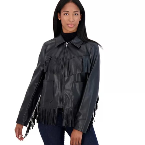 BIG SALE! Women's Black Faux-Leather Fringe Jacket By Sebby - Size M - Picture 6 of 8